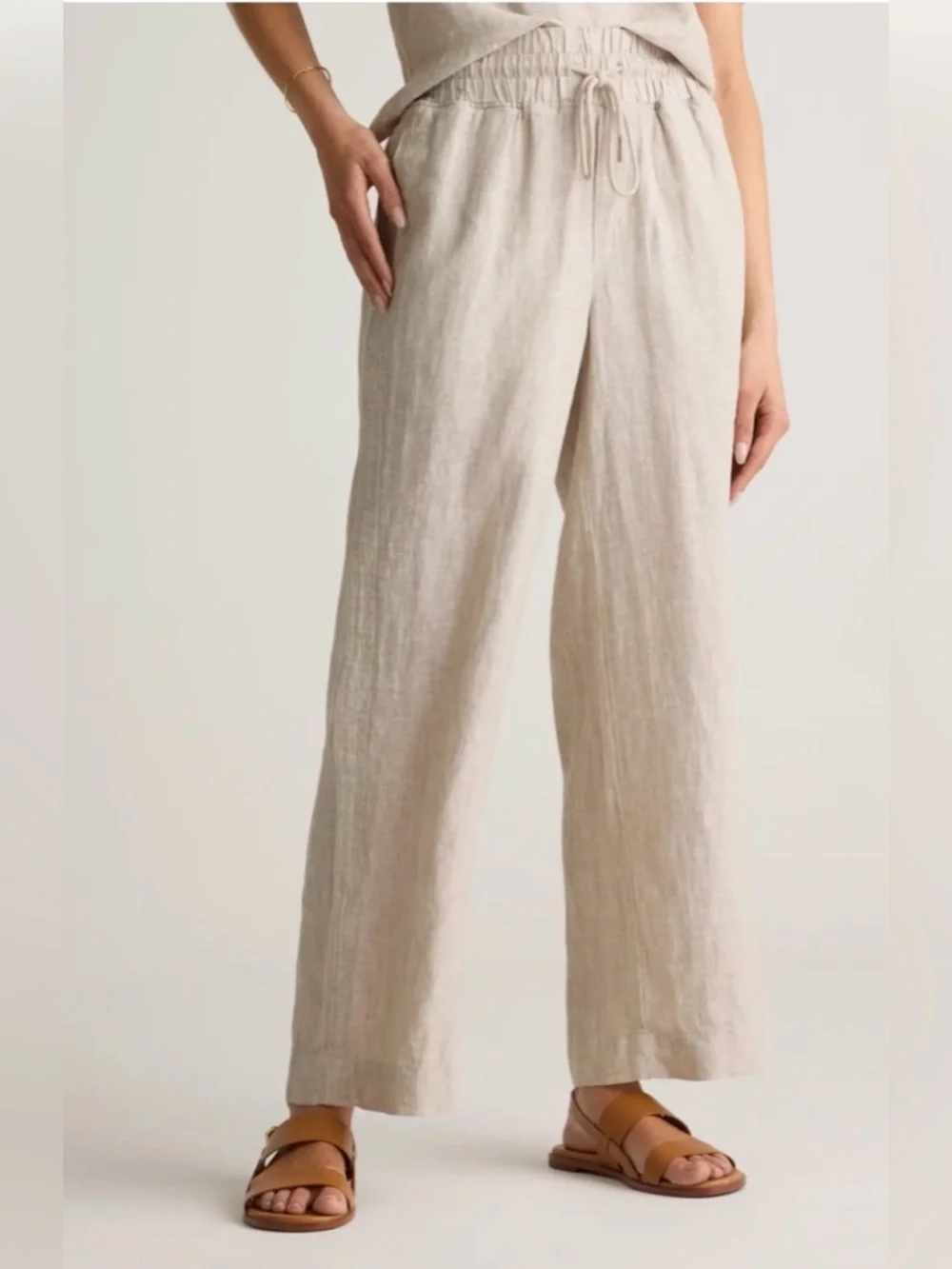 Quince Wide-Leg Linen Drawstring Pants in Natural Beige